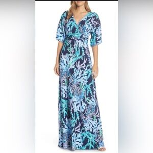 LILLY PULITZER Small S PARIGI MAXI DRESS SWISH & SWAY DEEP INDIGO Blue V Kimono